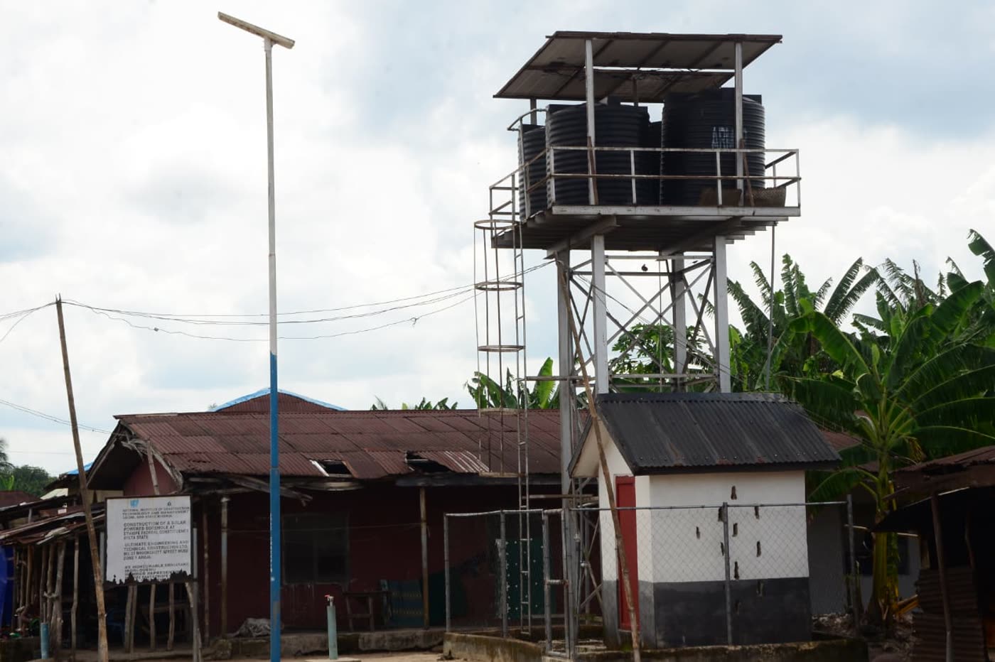 The completed overhead tank and solar array